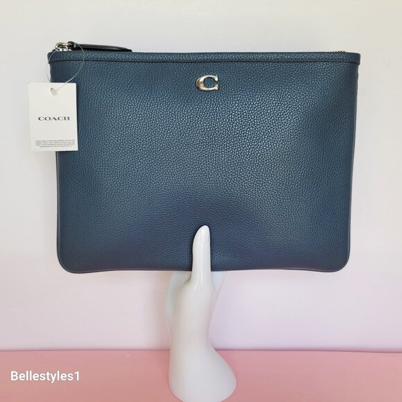 COACH Pebbled Leather Top-Zip Essential Pouch 28 - Denim color ⭐ - Picture 1 of 16